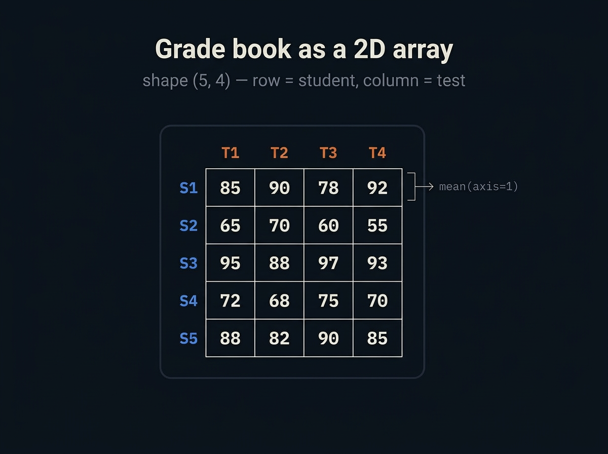 5 by 4 grade grid: each row is a student, each column a test; shape 5 comma 4.