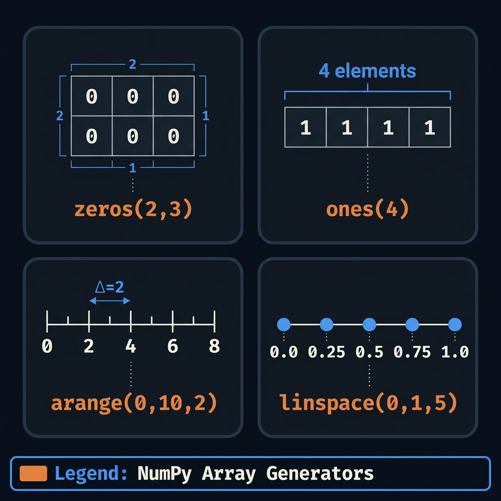 Four panels: zeros grid, ones vector, arange step sequence, linspace even points on a line.