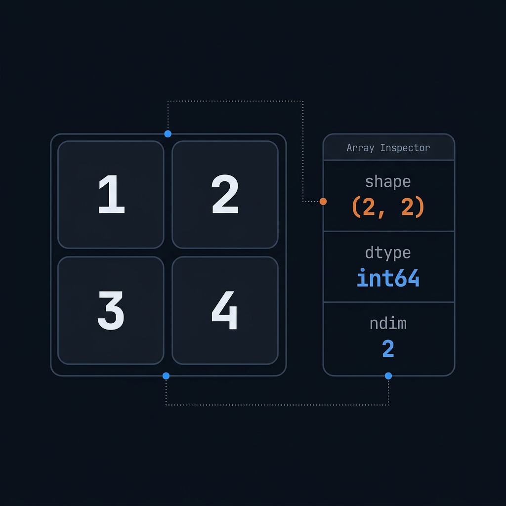 Diagram of a 2D array with shape tuple, dtype label, and ndim callout.