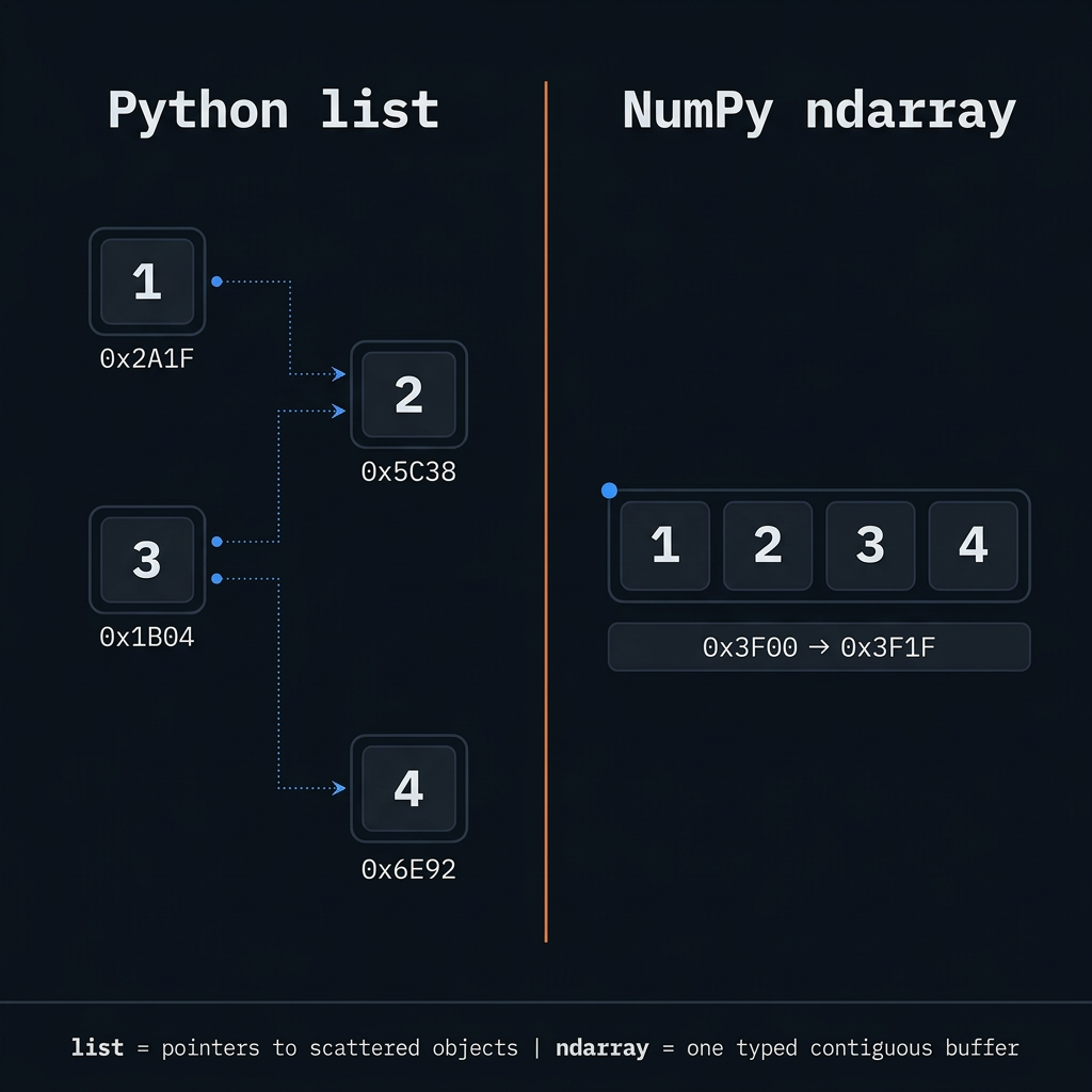 Diagram comparing a Python list of separate boxed numbers with one contiguous NumPy array block for vectorized math.